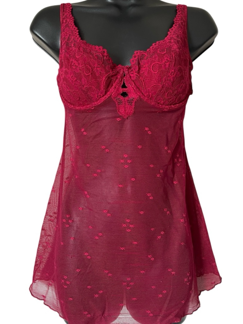 VINTAGE Silk&Satin Cranberry Red Lace Mesh Babydoll Chemise Lingerie Size Med